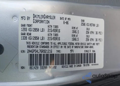 2006 Chrysler Town & Country Touring from USA, damaged, VIN 2A4GP54L76R921216